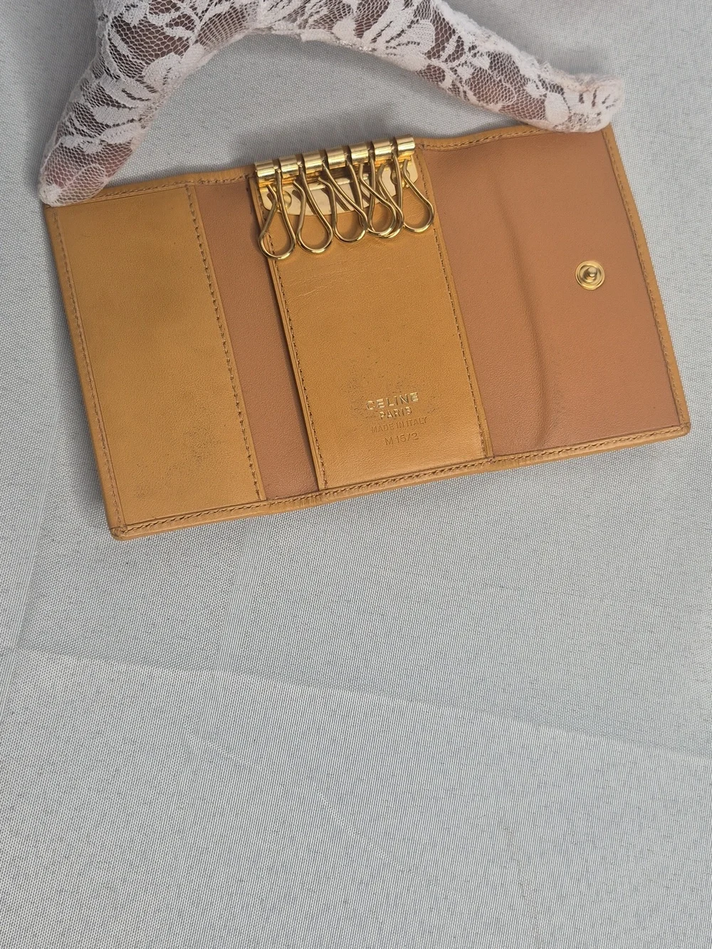 Celine Brown Canvas Trifold Key Holder with Tan Trim